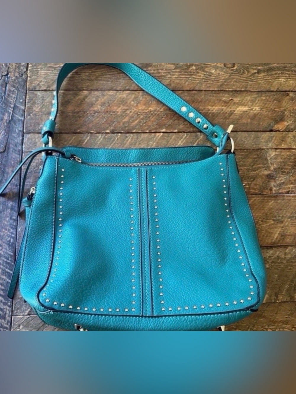 Teal Pebbled Leather Shoulder Bag with Stud Detail - Women